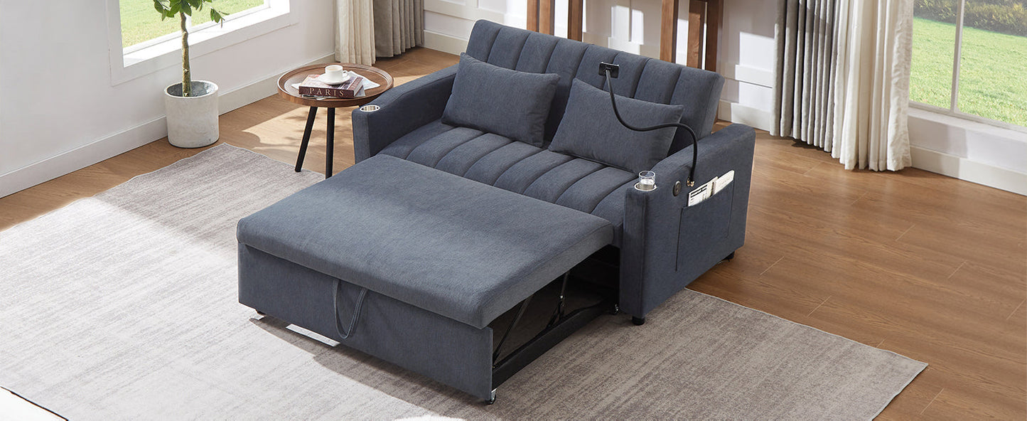 NEW Convertible Sofa Bed Loveseat with USB Ports, Side Pockets, Cup Holders, and Phone Holder in Blue Grey Bella Fabric, 55.9'