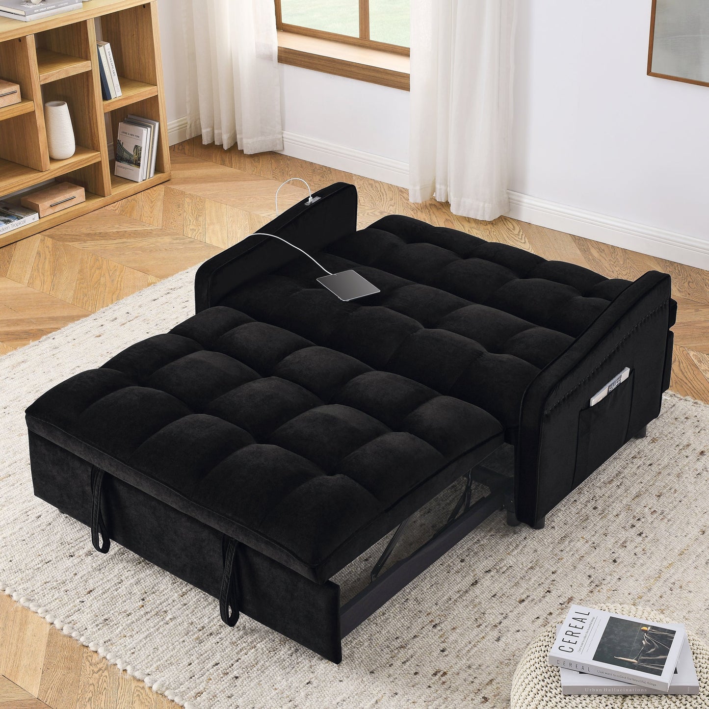 NEW Loveseats Sofa Bed with Pull-out Bed,Adjsutable Back and Two Arm Pocket,TypeC and USB Charging with Copper nail,Black (47'x53'x31')
