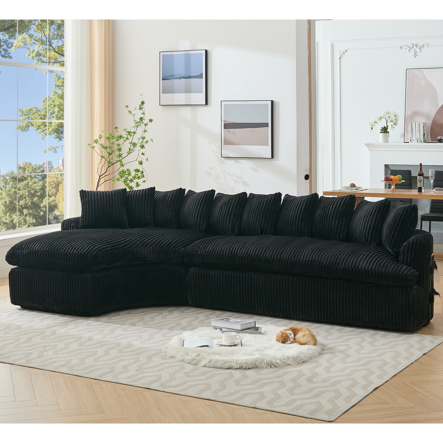 NEW 127''  Large Sectional Sofa ,Elegant Curved Design ,High-Resilience Foam ,Ten Back Cushions,L-Shape Left Sofa,No Assembly  Required , (Black-Soft Corduroy Fabric)