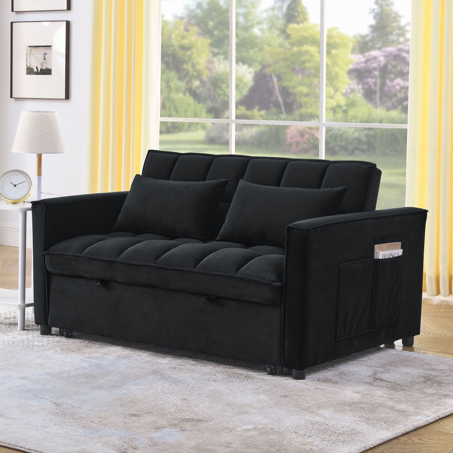 NEW Velvet Black Sleeper Convertible Sofa Recliner Bed 3-in-1 Adjustable Backrest 2-Seater