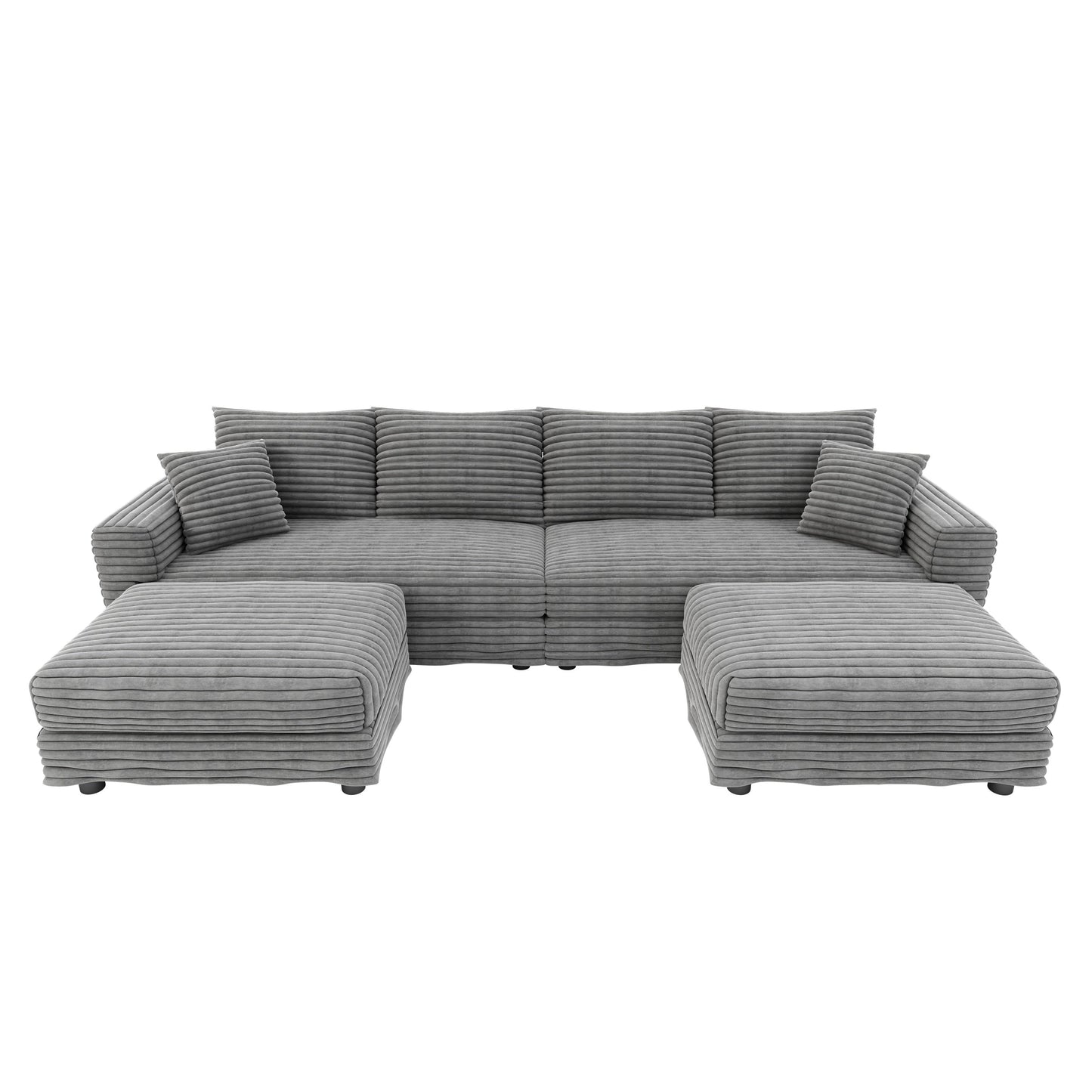 NEW 104.3' Modern Grey Convertible Lounge Chair Comfy Upholstered Plush Corduroy 4-Seat Sofa Cloud Deep Seat Couch with Soft Pillows and 2 Ottomans