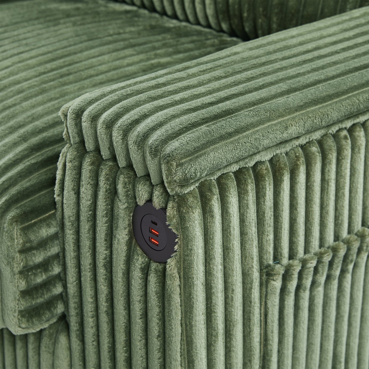 NEW Modern 4-Seater Green Corduroy Sofa with USB Ports Hidden Storage Arms and Flip-Top Cup Holders