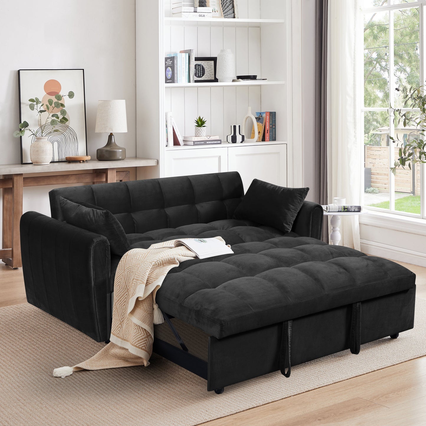 NEW 65 '3-in-1 foldable large size sofa bed, modern velvet double sofa, sofa bed with adjustable back, storage bag and pillow, suitable for living room, bedroom (biack)