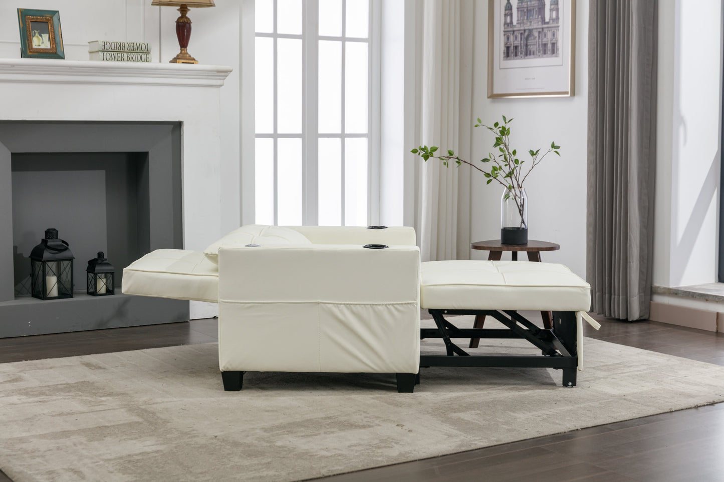 NEW Futon Chair Bed Convertible Chair 3-in-1 Pull Out Sleeper Chair Beds with USB Ports,Wear-resistant and Anti-scratch,  Armchair Bed Sleeper for Living Room (White Leather)