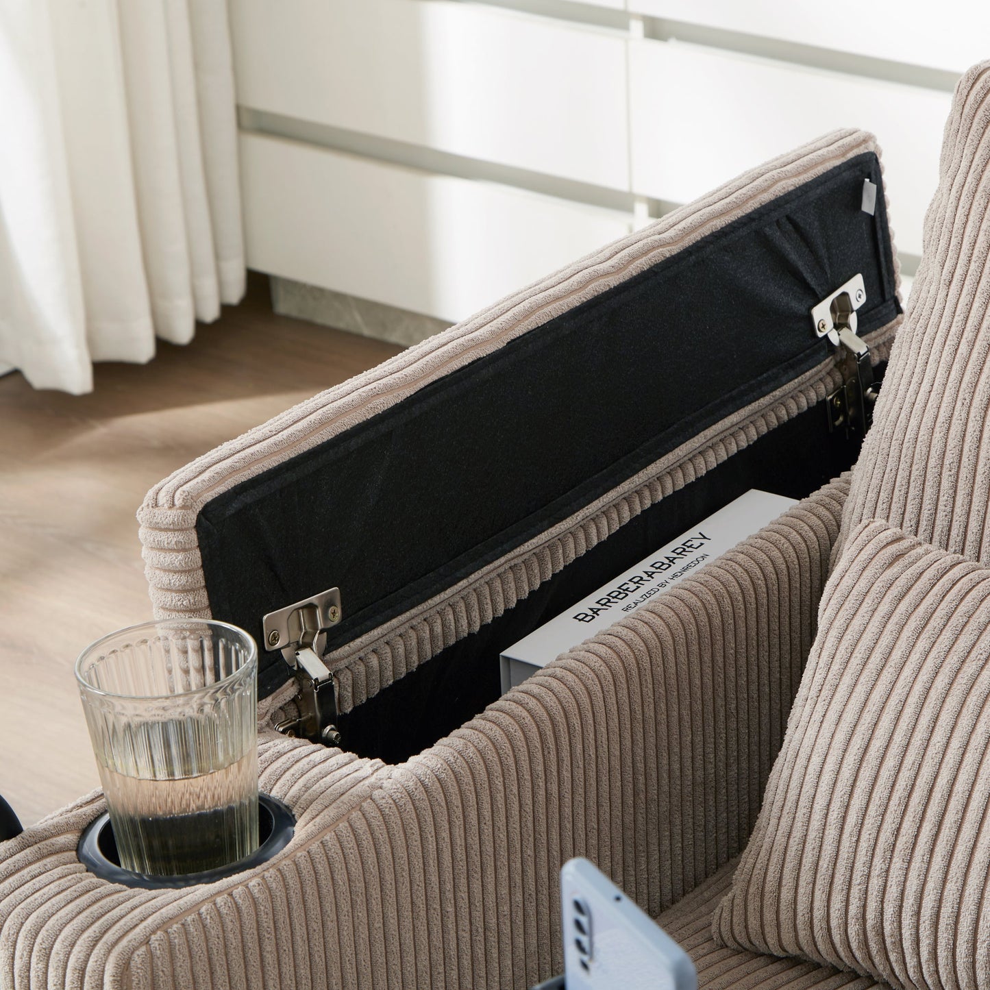 NEW Convertible Chaise Lounge 63' Loveseat Sofa Bed with USB Ports, Cup Holders, Phone Holder, Storage, Brown Corduroy