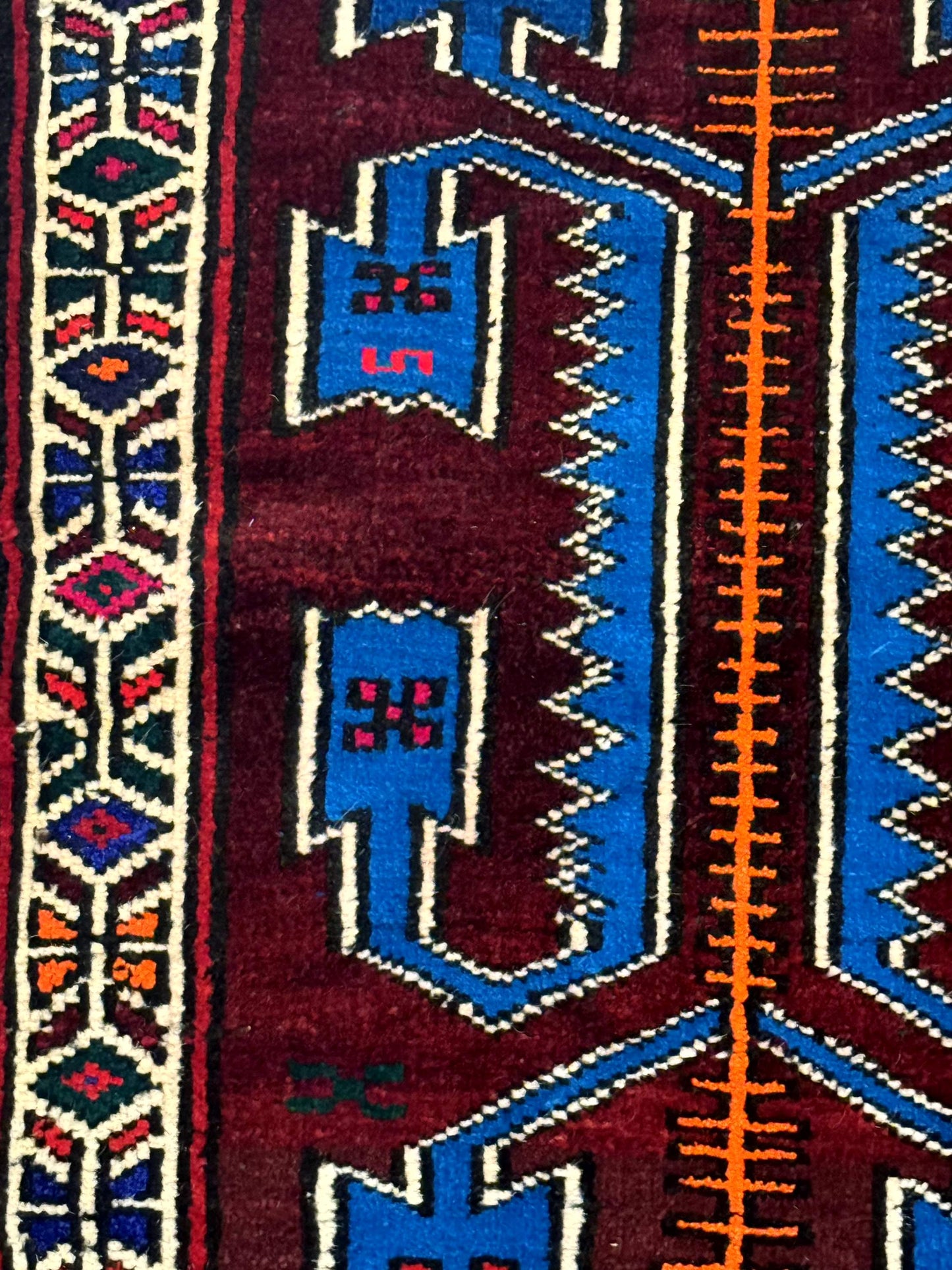 USED Persian Tribal Rug 1.8 x 2, Small Balouchi Rug, Unique Design, Burgundy and Blue