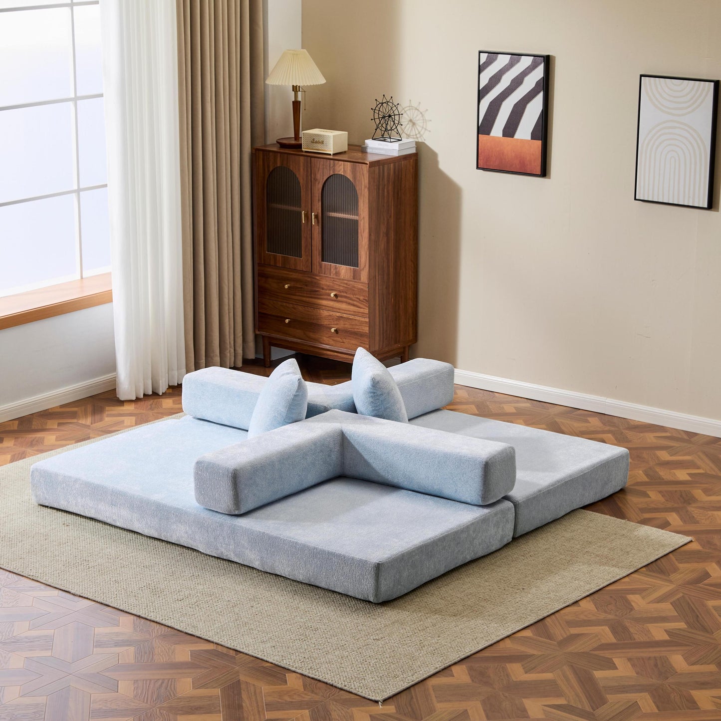 NEW Light Blue Chenille Fabric Floor Couch Compression Convertible Sofa Bed with Pillow Back Support Armrest Comfy Futon Couch Lounge Sleeper Bed