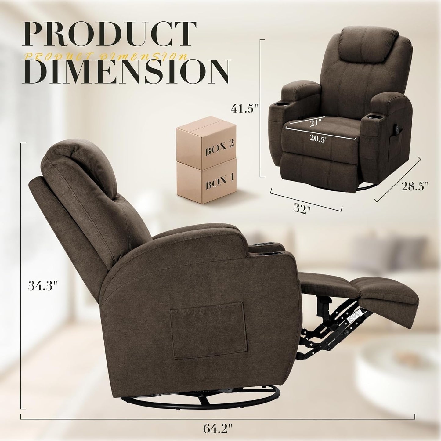 NEW Brown Fabric Recliner Chair With 360 Swivel Massage