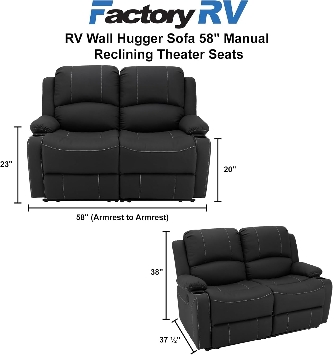 NEW 58 Inch Wall Hugger RV Theater Seats Double Recliner Black