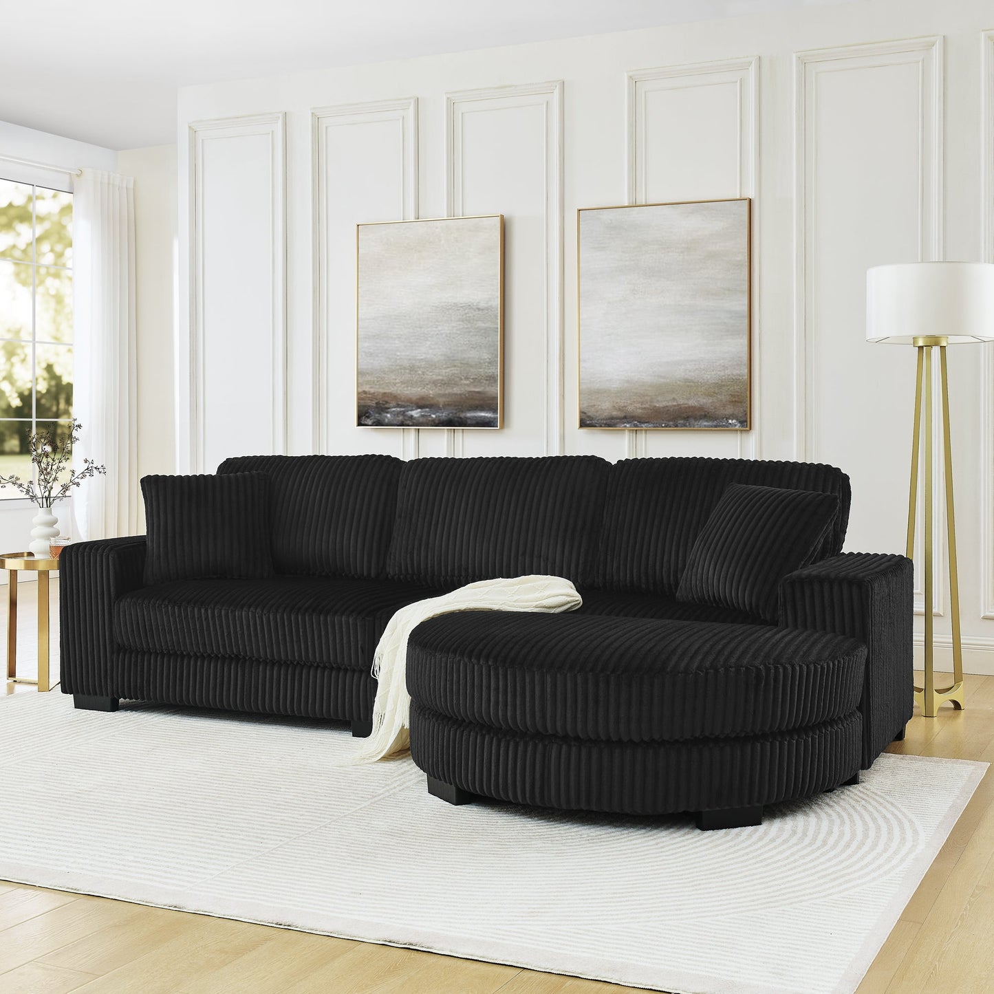 NEW Black Corduroy Tufted Upholstered Sleeper Sectional Sofa, L-Shaped Modular Convertible Sofa with Arc-Shaped Footstool