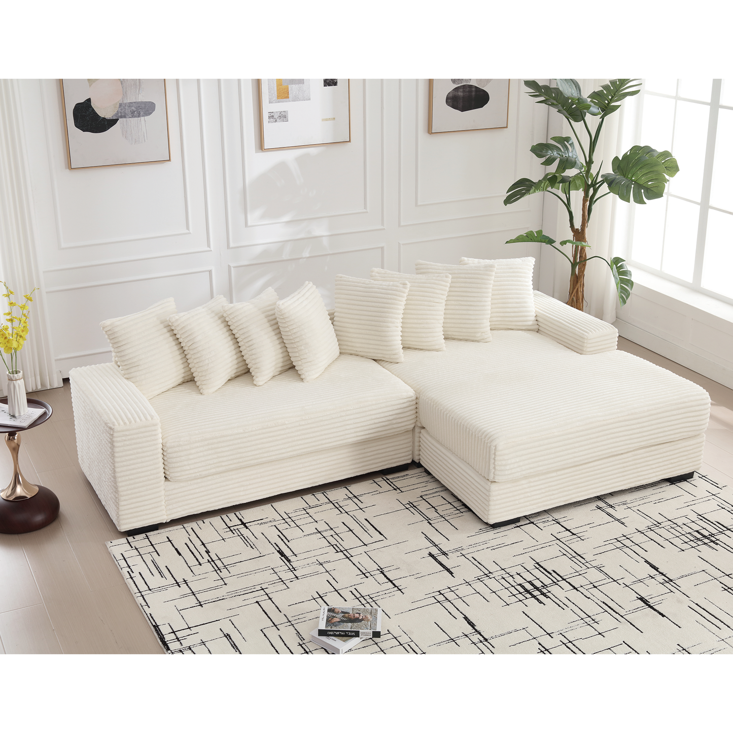 NEW Beige Corduroy Oversized Two-Piece L Shaped Sofa Couch (Right Chaise Daybed Corner with Armrests and Eight Throw Pillows
