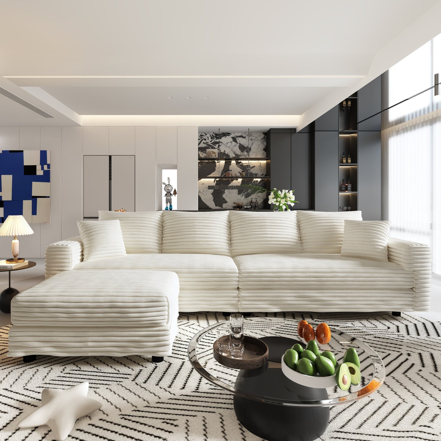 NEW 104.3' Modern 4-Seat  Beige Comfy Upholstered Plush Corduroy Sofa