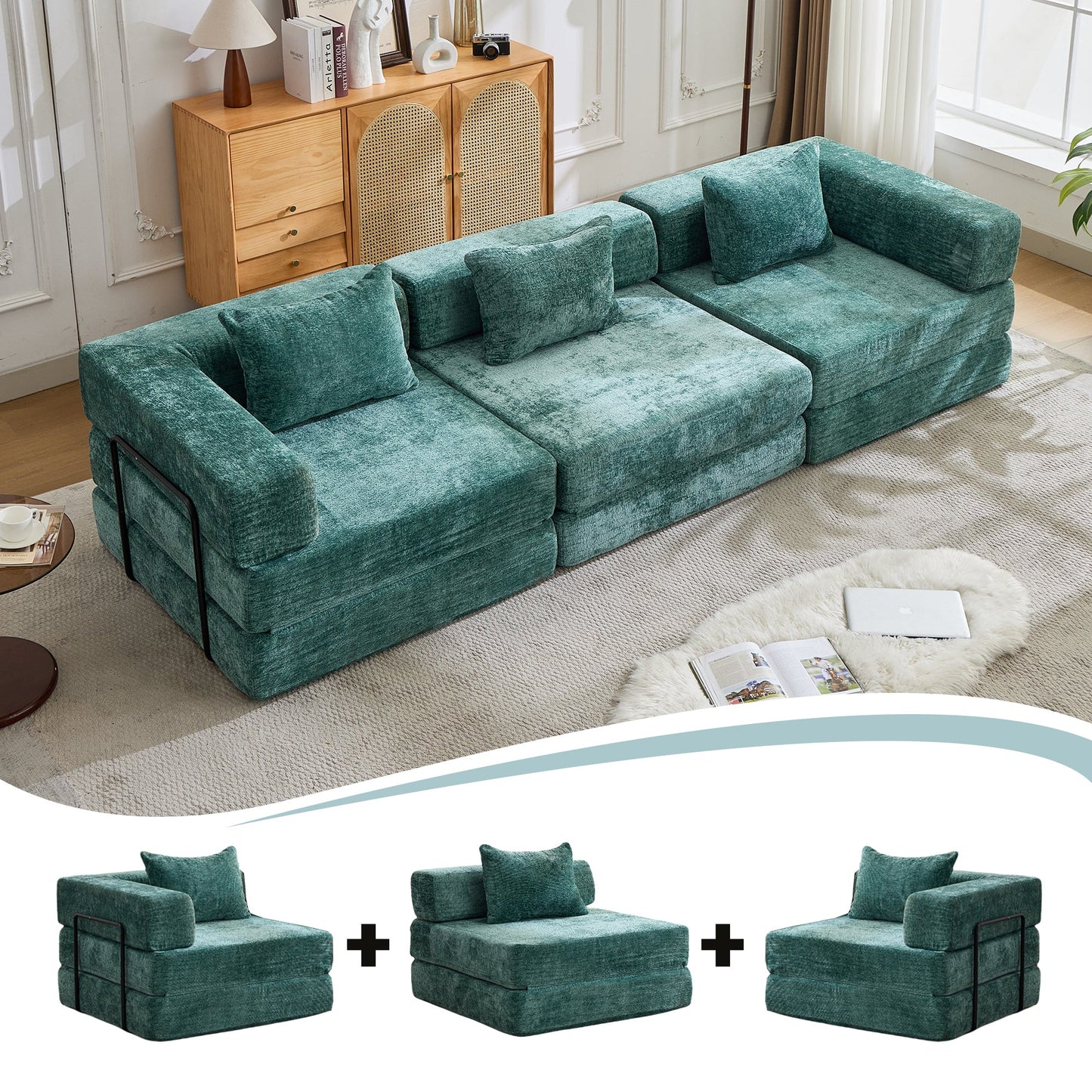 NEW Dark Green Chenille Fabric Compression Convertible Floor Sofa Bed