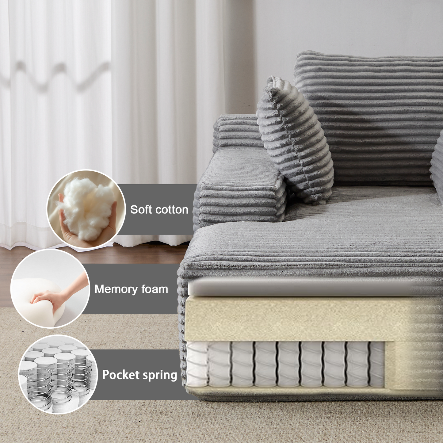 NEW Grey Oversized Chaise Lounge Chair Cozy Cloud Couch Modern Plush Corduroy Upholstered Sleeper Sofa Daybed with 3 Throw Pillows and Wide Armrest