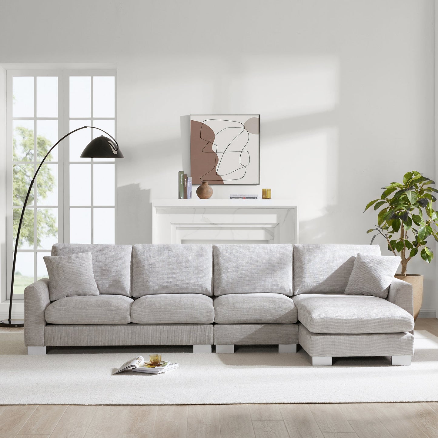 NEW Chenille Fabric Light Gray Modern Oversized L-Shaped Sectional Sofa with Chaise and Pillows