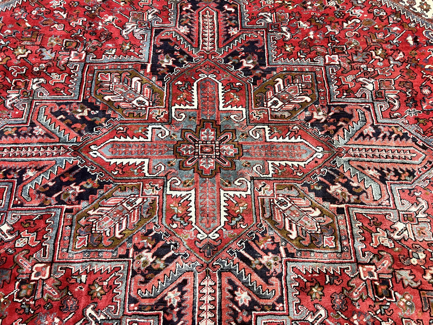 USED Large Persian Heriz Rug 10x13, Wool Hand Knotted Antique Carpet, Red and Ivory, Geometric Tribal Room Sized Rug, Decorative Oriental Rug