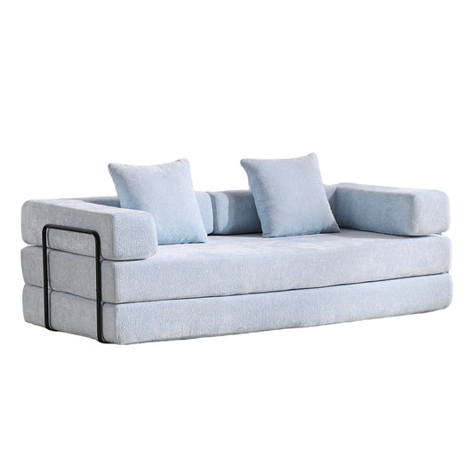 NEW Light Blue Chenille Fabric Floor Couch Compression Convertible Sofa Bed with Pillow Back Support Armrest Comfy Futon Couch Lounge Sleeper Bed