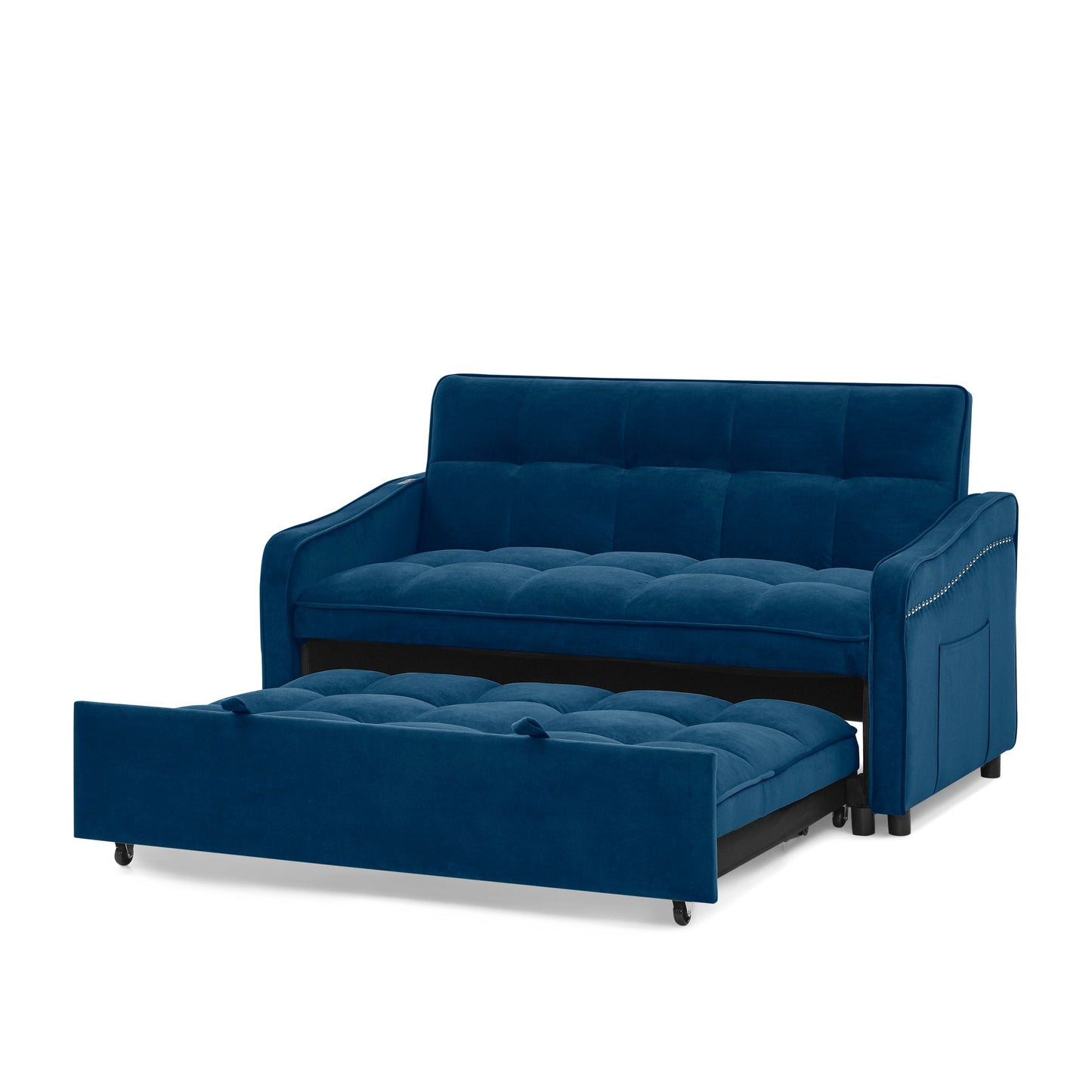 NEW Blue Copper Nail Loveseat Sofa Bed with Pull-out Bed with Adjustable Back Two Arm Pocket TypeC and USB Charging