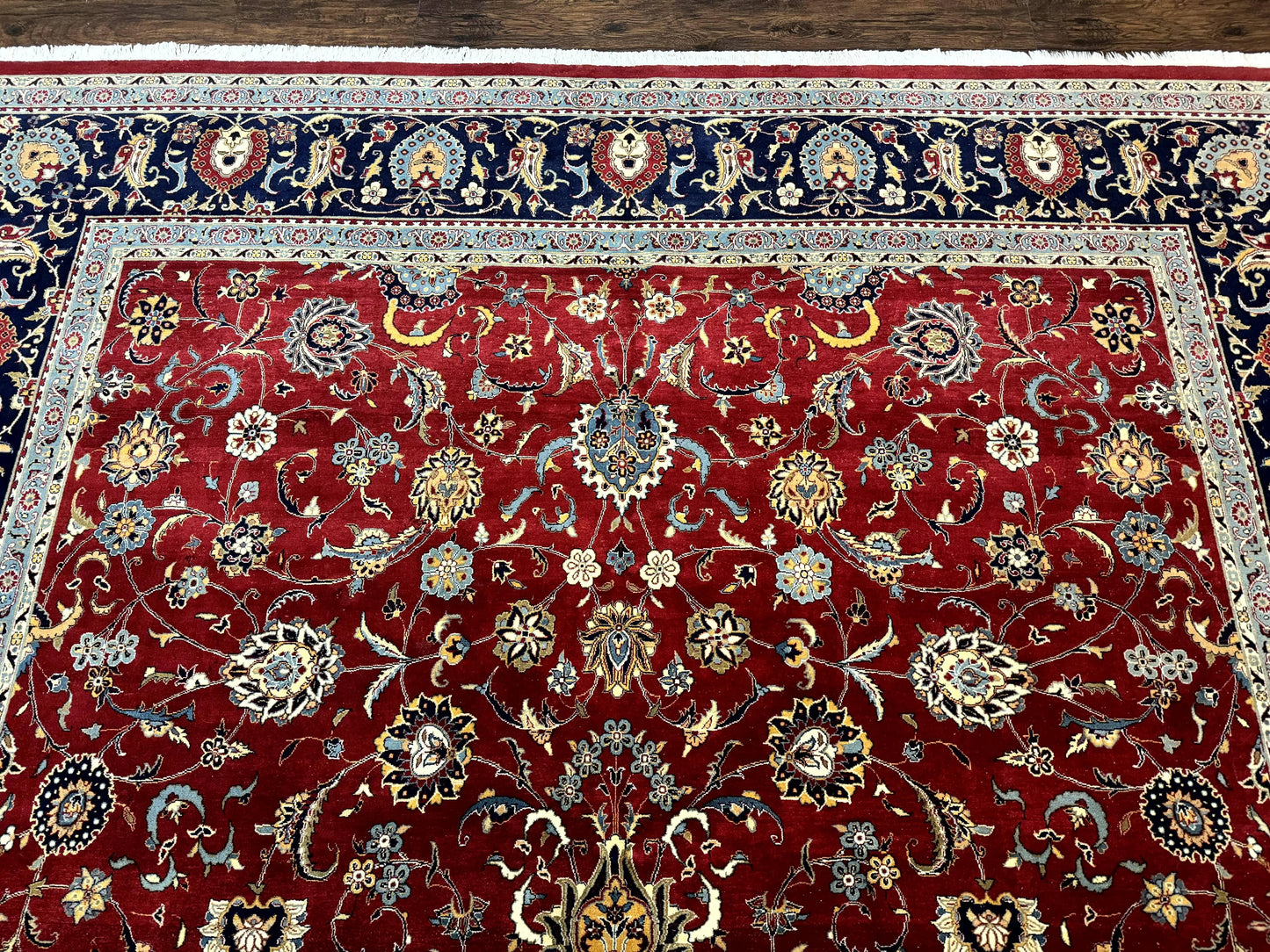 USED Pak Persian Rug 9x12, Red and Navy Blue, Floral Allover, Hand Knotted Vintage Wool Carpet, Fine 260 KPSI