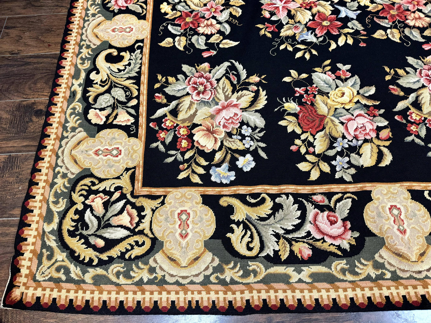USED Palace Size Needlepoint Rug 12x16, Black and Colorful, Floral Panel, Handmade Oversized Wool Needlepoint Carpet, Rare