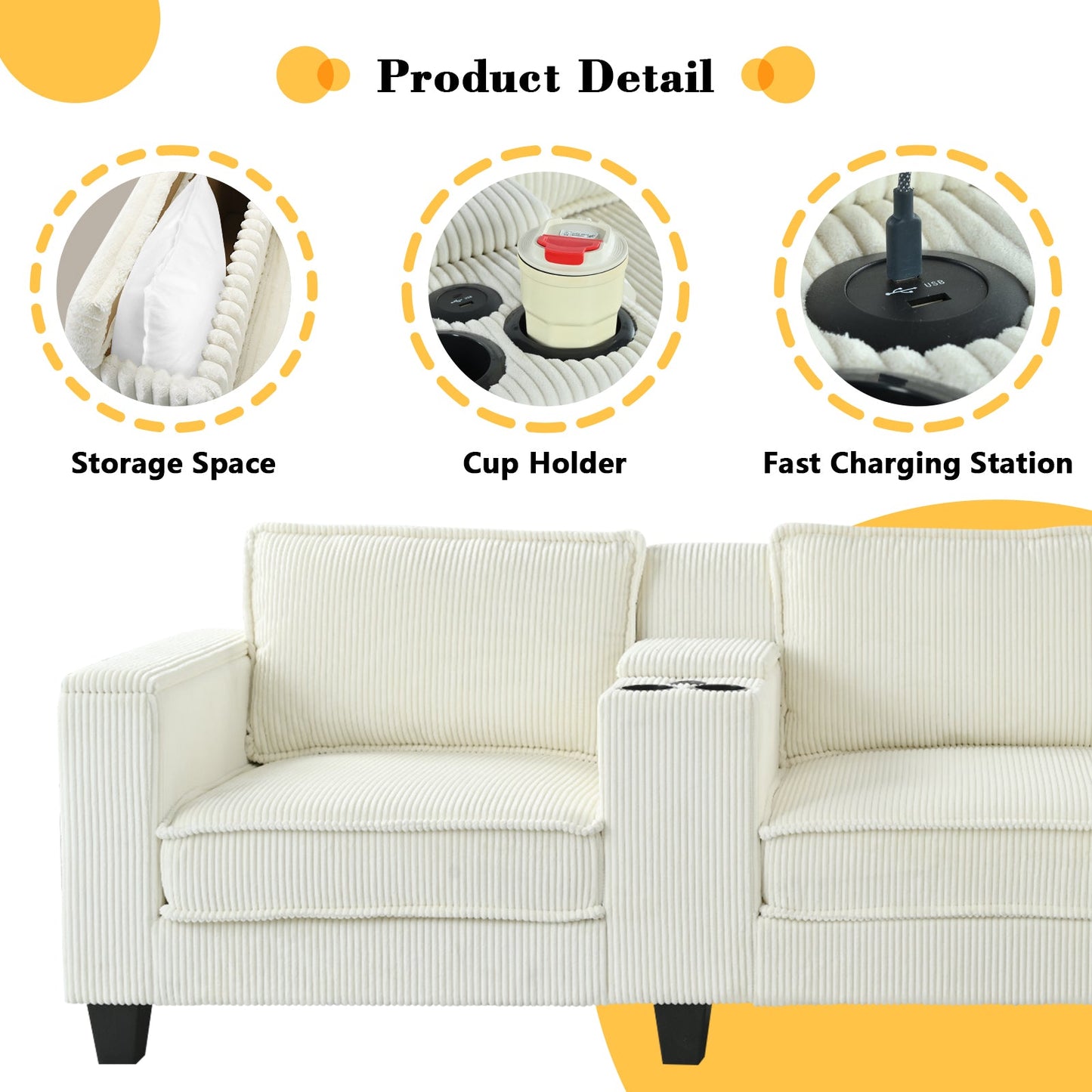 NEW L-shaped 4-Seater Corduroy Large Storage Armrest Sofa with Center Console and USB Charging