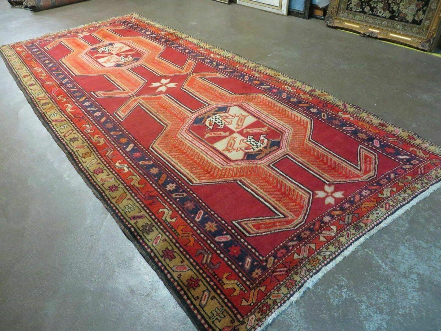 USED 4' 10" X 11' Antique Handmade Turkish Kazak Wool Rug SHIELD Hand Knotted Red