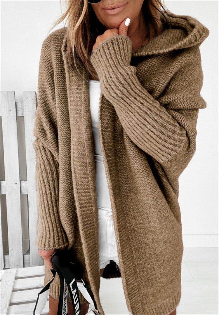 New Fashion Bat Sleeve Hooded Cardigan Oversized Loose Temperament Solid Color Sweater Womens Clothing