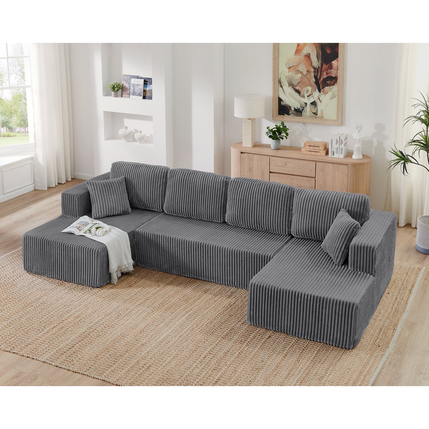 Modern Minimalist Style U Shape Modular Sectional Sofa Sleeper in Grey Corduroy