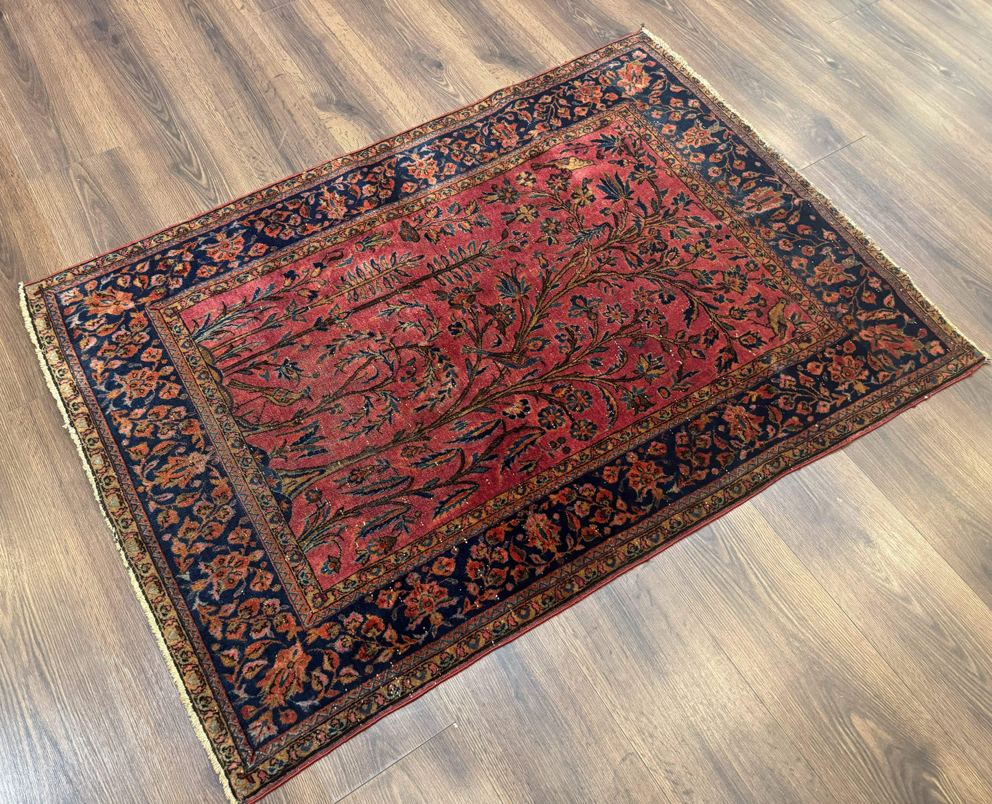 USED Antique Persian Tree of Life Rug 3x5, Manchester Wool, Bird Pictorials, Fine 240 KPSI, Red Navy Blue