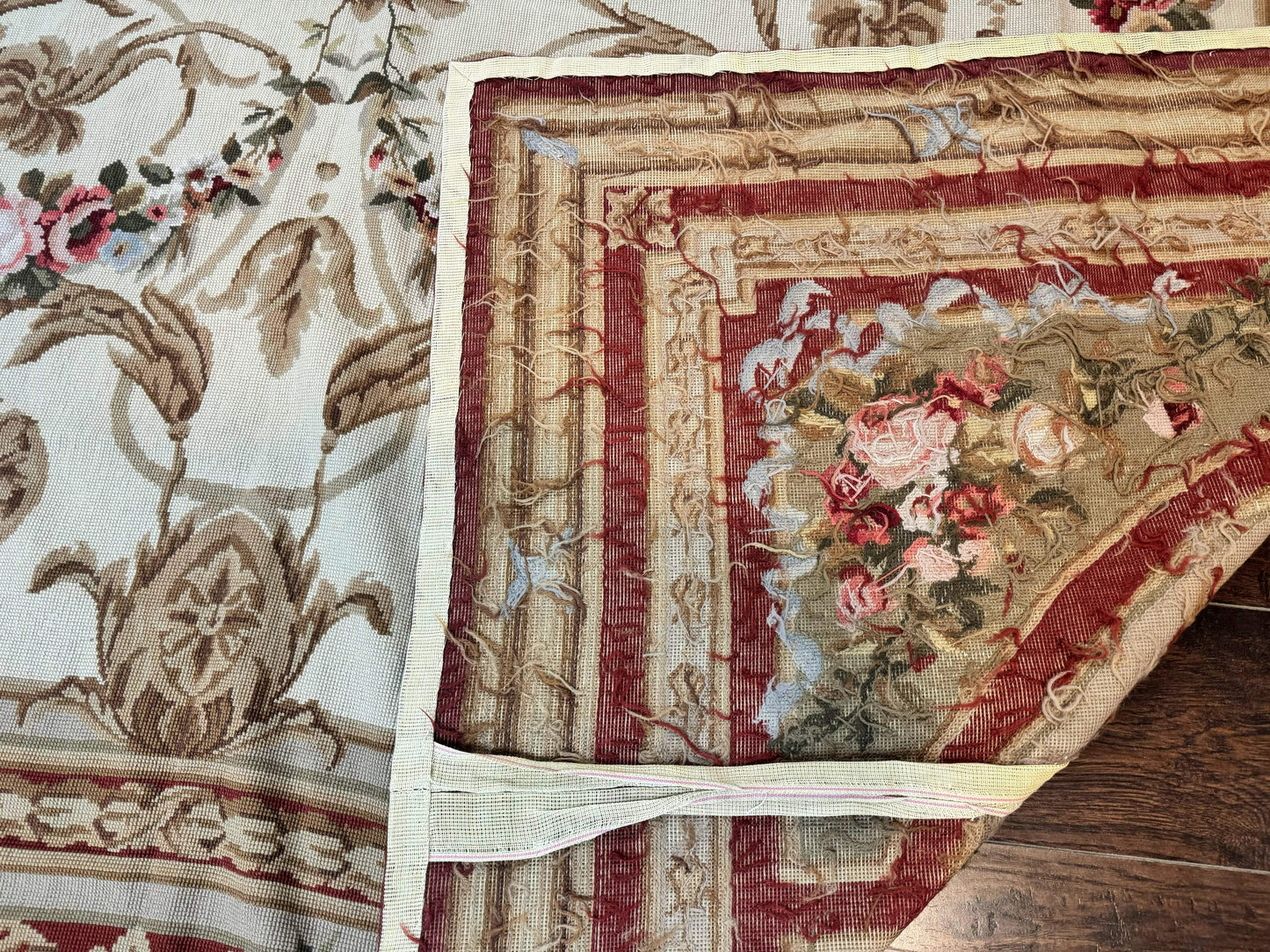 USED Aubusson Needlepoint Rug 9x11, Handmade Vintage Wool Flatweave Carpet, Elegant European Rug, Floral, Cream