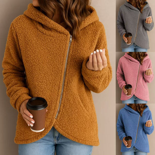 New Casual Loose Lambswool Long Sleeve Zipper Hoodie Coat