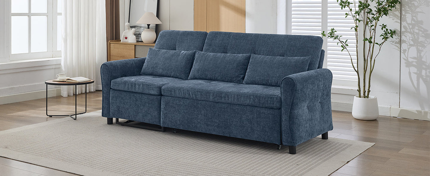 NEW 2-in-1 Sofa 82' Three-seater Sofa with Sofa Bed and Reversible Recliner, Blue Chenille