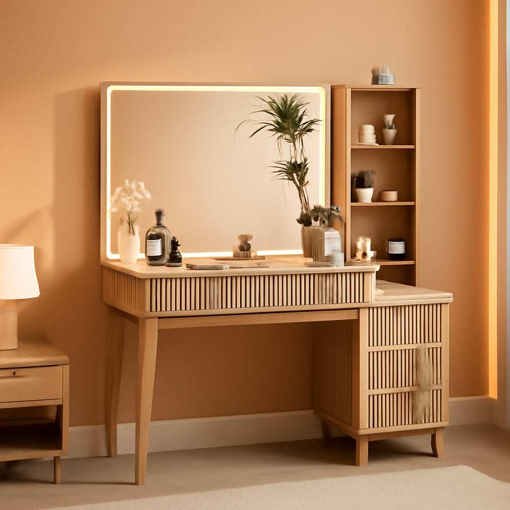 NEW Oak Fluted Makeup Vanity 48 Inch With Lighted Mirror