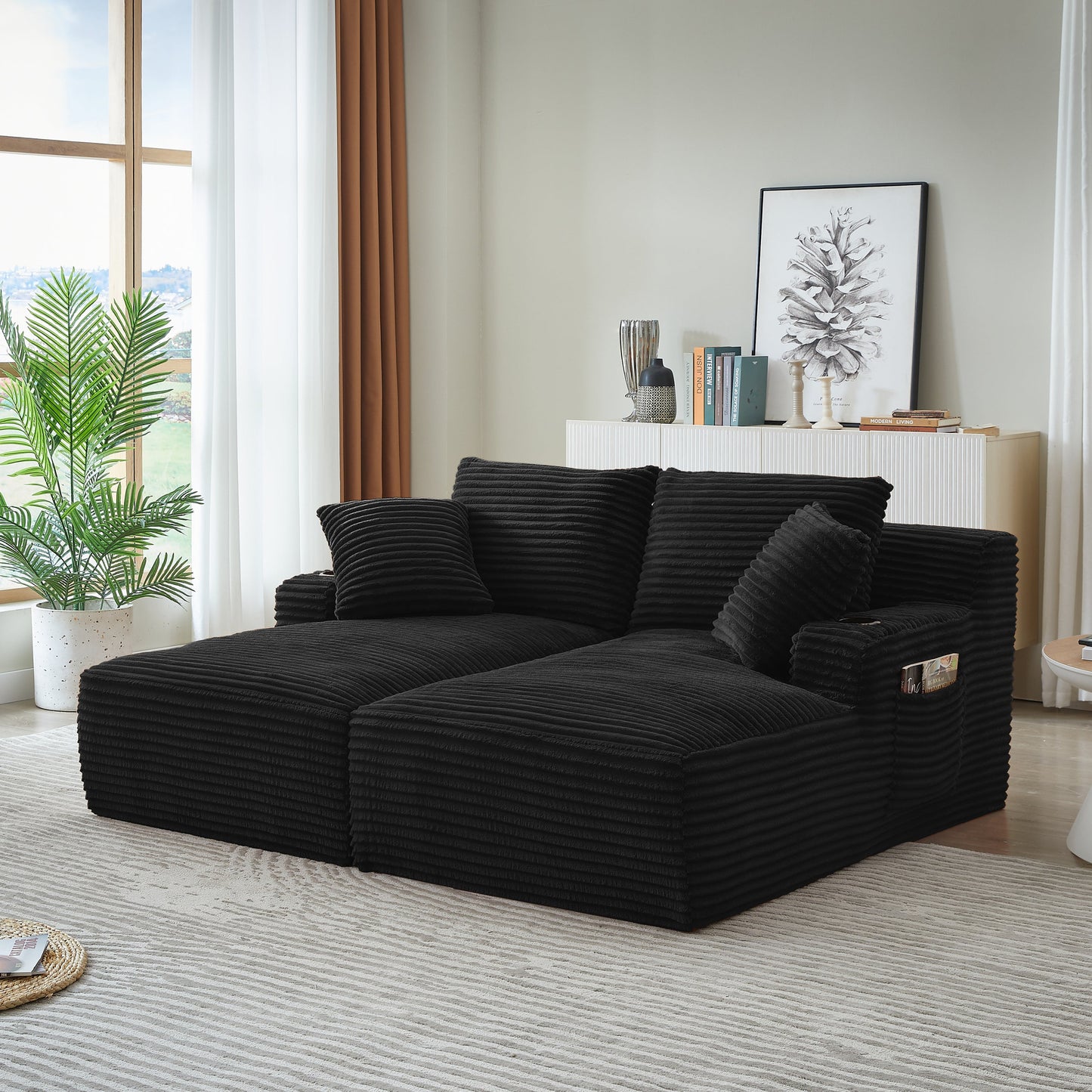 NEW Fluffy Black Corduroy Modern Compressible Double Chaise Lounge Loveseat Sleeper with Cupholders