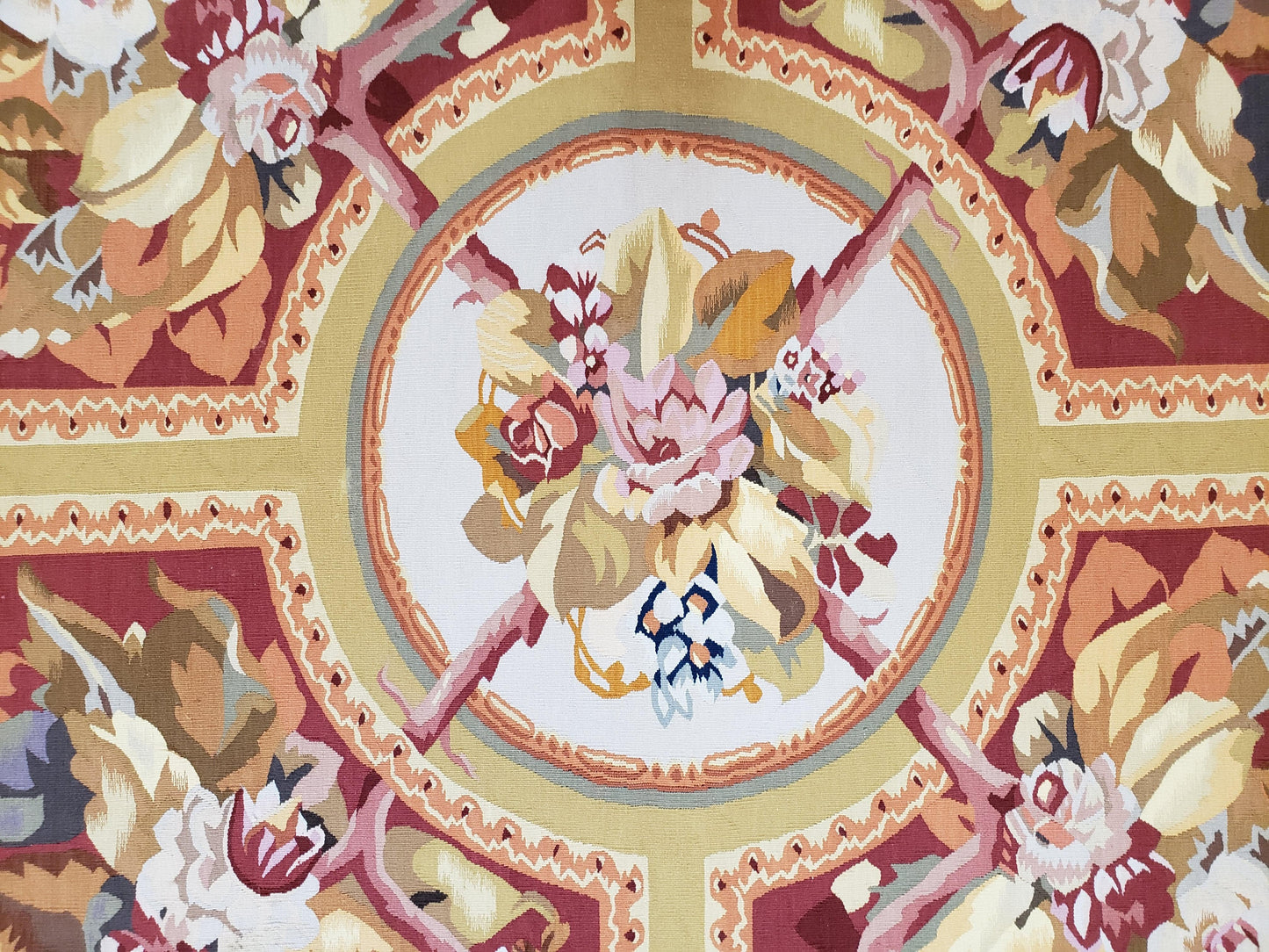 USED Vintage Chinese Aubusson Savonnerie Flat Pile Rug 9.9 x 14.5 Wool Handwoven Red & Khaki Large Flowers Rug 9x14 - 10x15 Michaelian Kolhberg