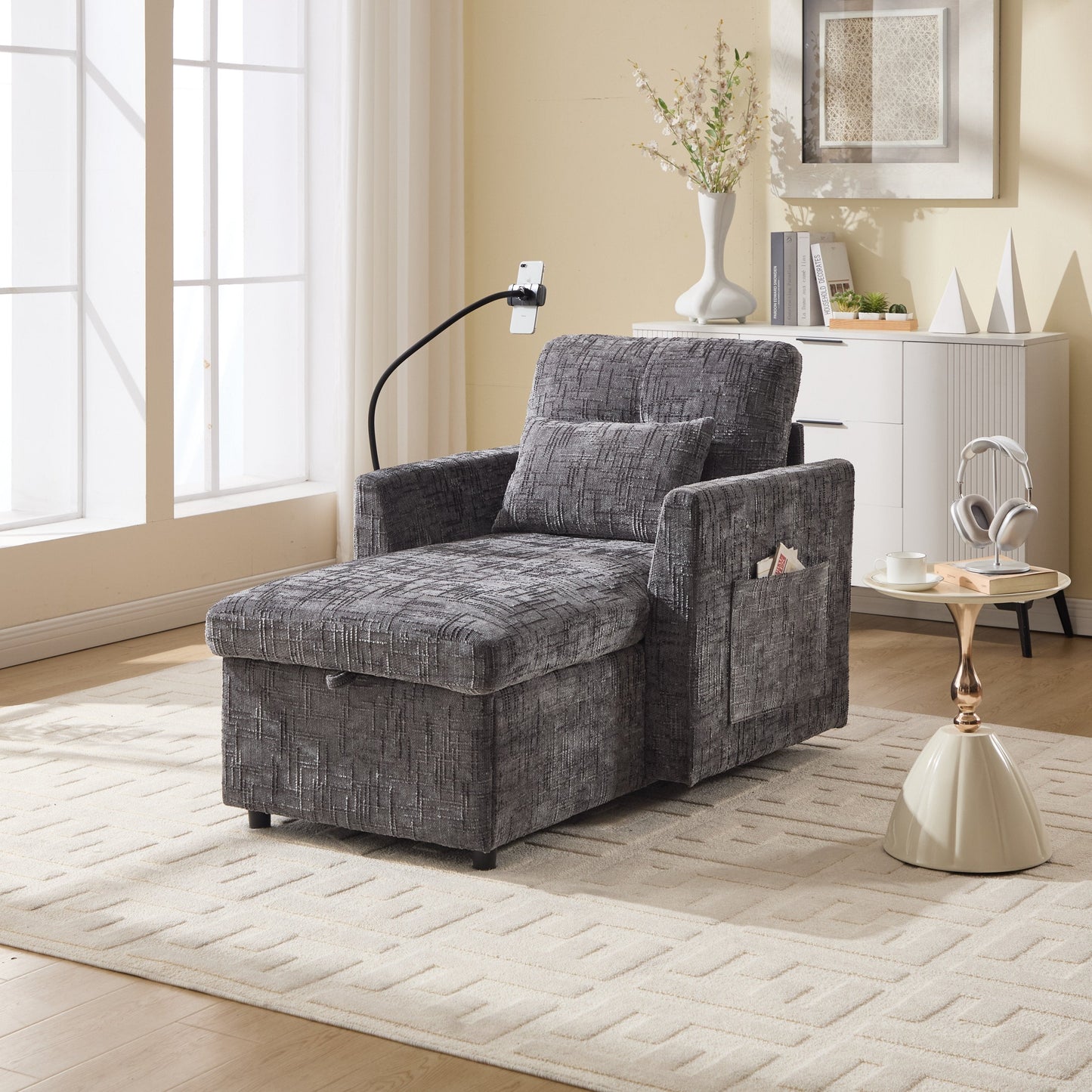 NEW Multifunctional Recliner with Storage Backrest and Cell Phone Bracket in Gray Chenille for Living Room and Bedroom