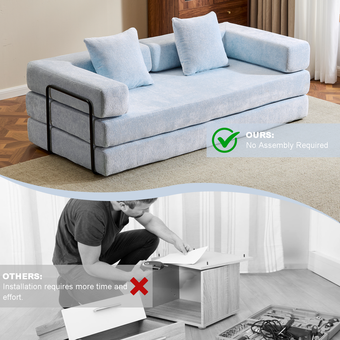 NEW Light Blue Chenille Fabric Floor Couch Compression Convertible Sofa Bed with Pillow Back Support Armrest Comfy Futon Couch Lounge Sleeper Bed
