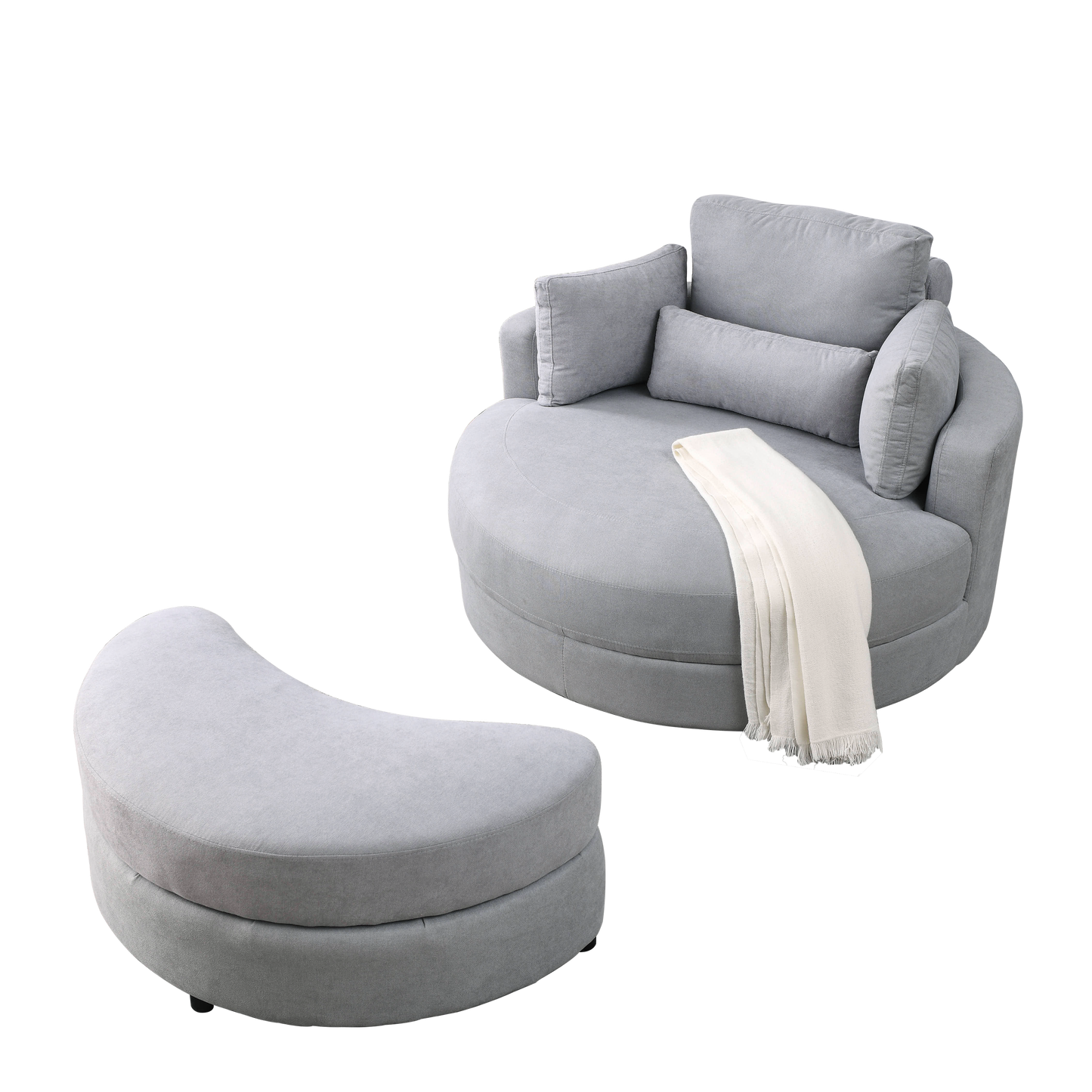 NEW We Like Swivel Accent Barrel Modern Grey Sofa Lounge Club Big Round Chair with Storage Ottoman Linen Fabric with Pillows