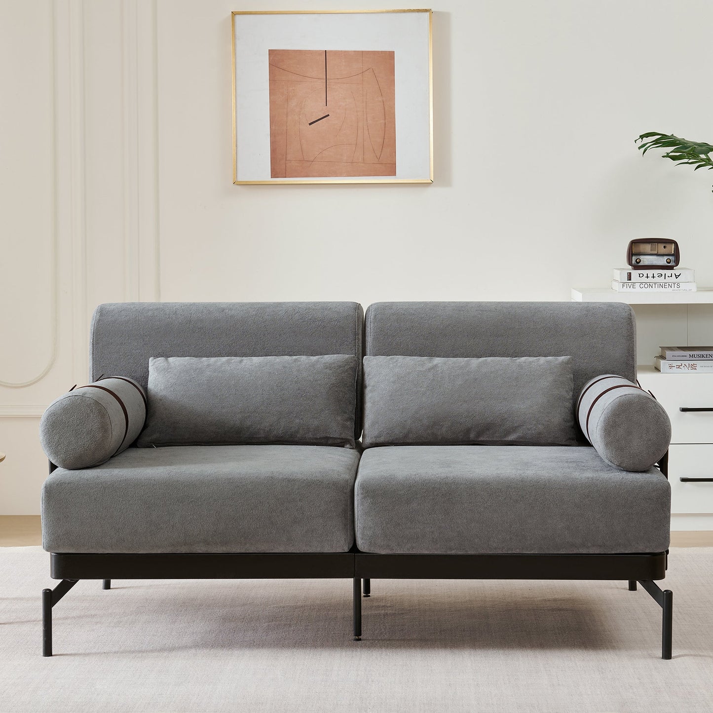NEW Modern Grey Chenille 2 Seater Loveseat 59' Sofa Couch with USB Ports Unique Cylindrical Armrests