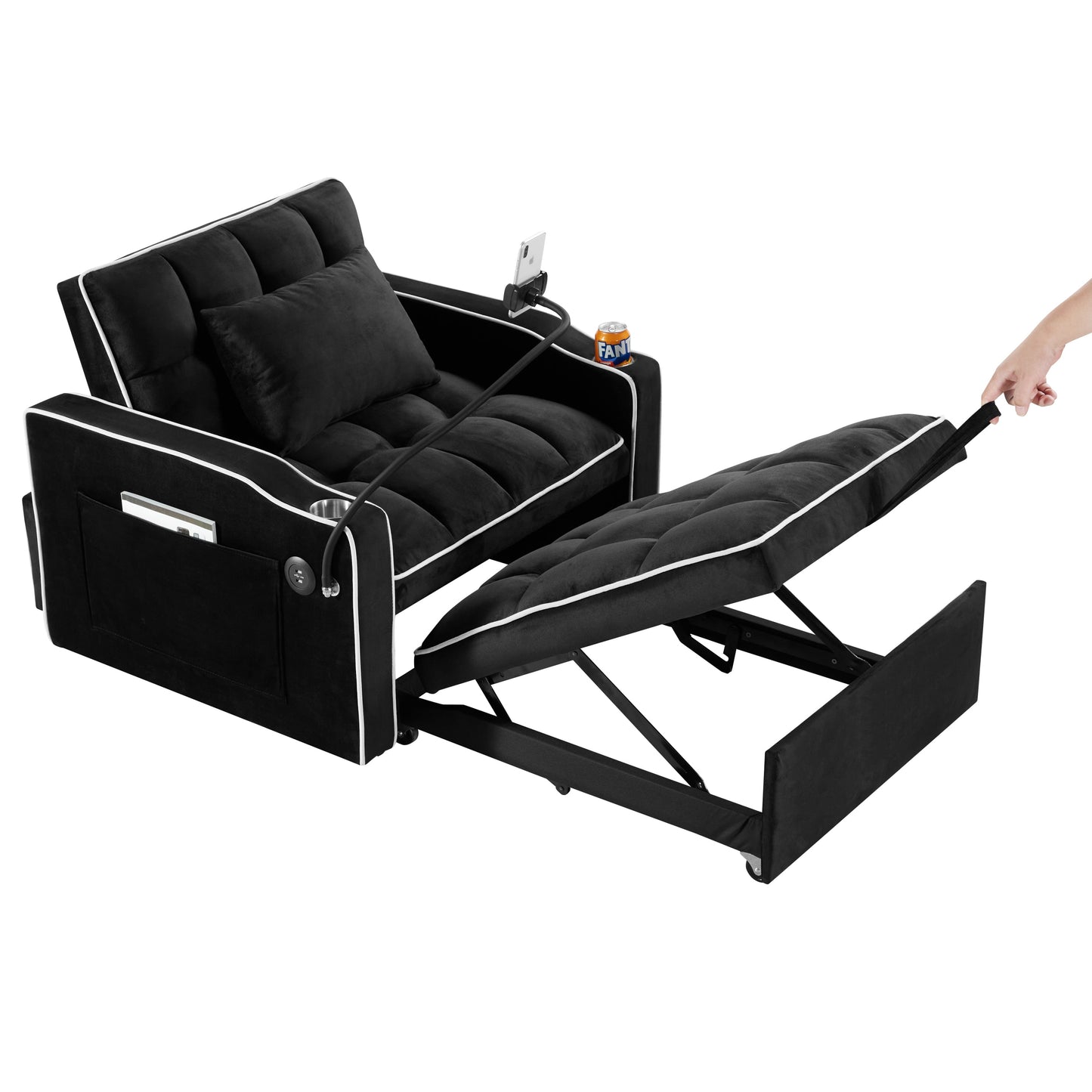 NEW Black Velvet Convertible Adjustable Sleeper Chair Pull Out Sofa Bed with Multi-Pockets