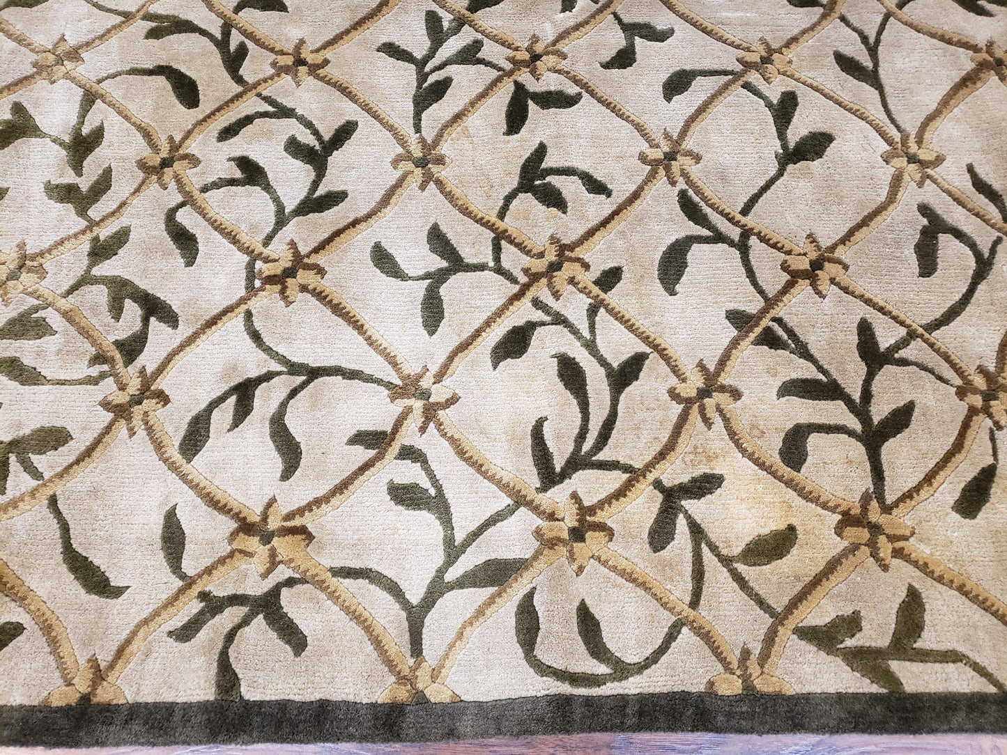 USED Vintage Tibetan Nepalese Area Rug 9x12, Wool Hand-Knotted, Beige Nepali Soft Pile Carpet, 9 x 12 Living Room Modern Dining Room Rug