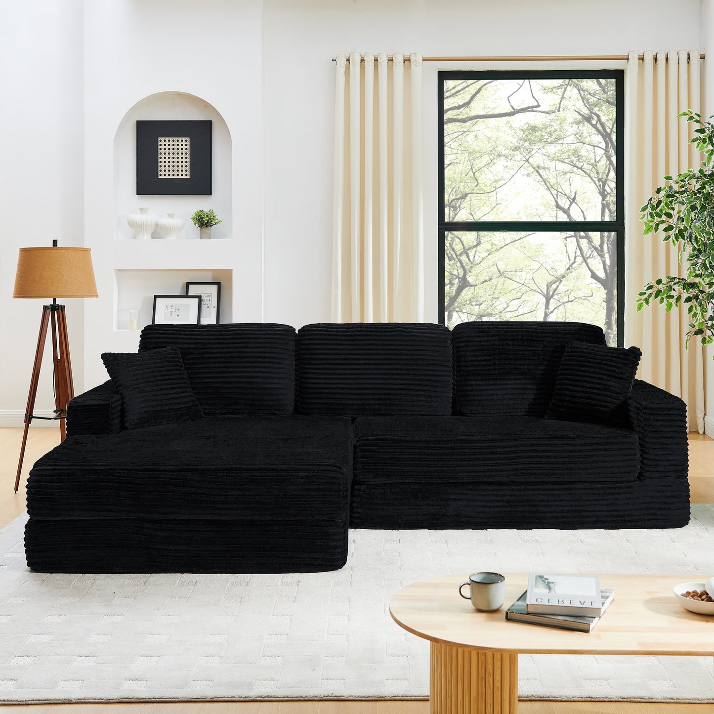 NEW Modern Minimalist L-Shape Modular Sectional Sofa Bed with Corduroy Fabric in Black