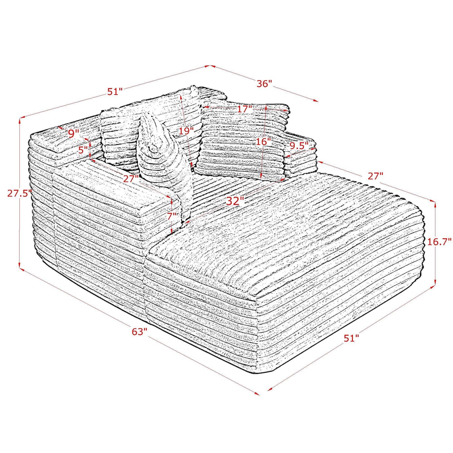 NEW Compressed Chaise Lounge Foam Fluffy Black Corduroy Upholstered Cloud Sofa Bed Couch with Deep Seat