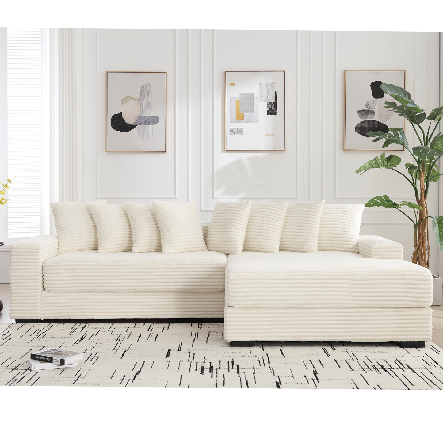 NEW Beige Corduroy Oversized Two-Piece L Shaped Sofa Couch (Right Chaise Daybed Corner with Armrests and Eight Throw Pillows