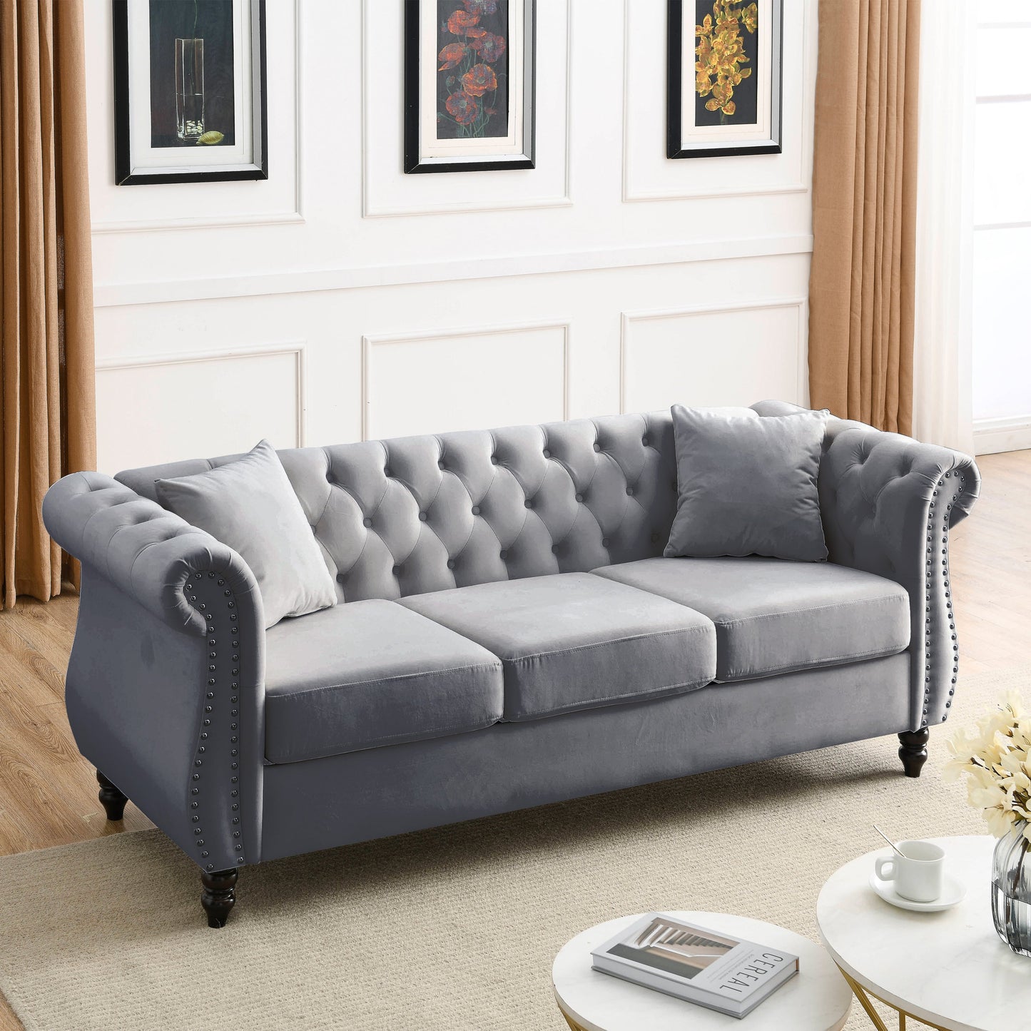 NEW 80' Chesterfield Sofa Couch Grey Velvet for Living Room, 3 Seater Sofa Tufted Couch with Rolled Arms Nailhead and Two Pillows