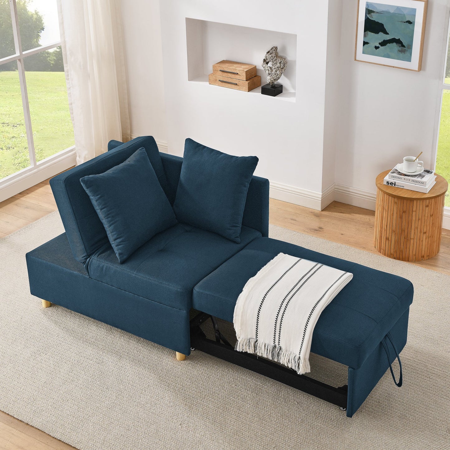 NEW Modern Blue Linen Fabric Convertible Sleeper Adjustable Backrest Couch Chair Recliner with Pullout Sofa Bed and Wheels