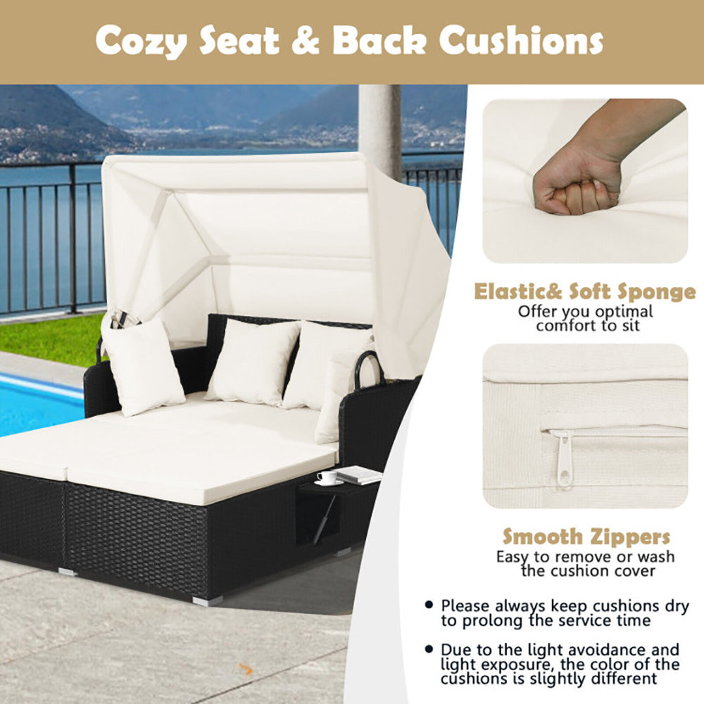 NEW Outdoor Patio Rattan Wicker Daybed With Retractable Canopy And Side Tables