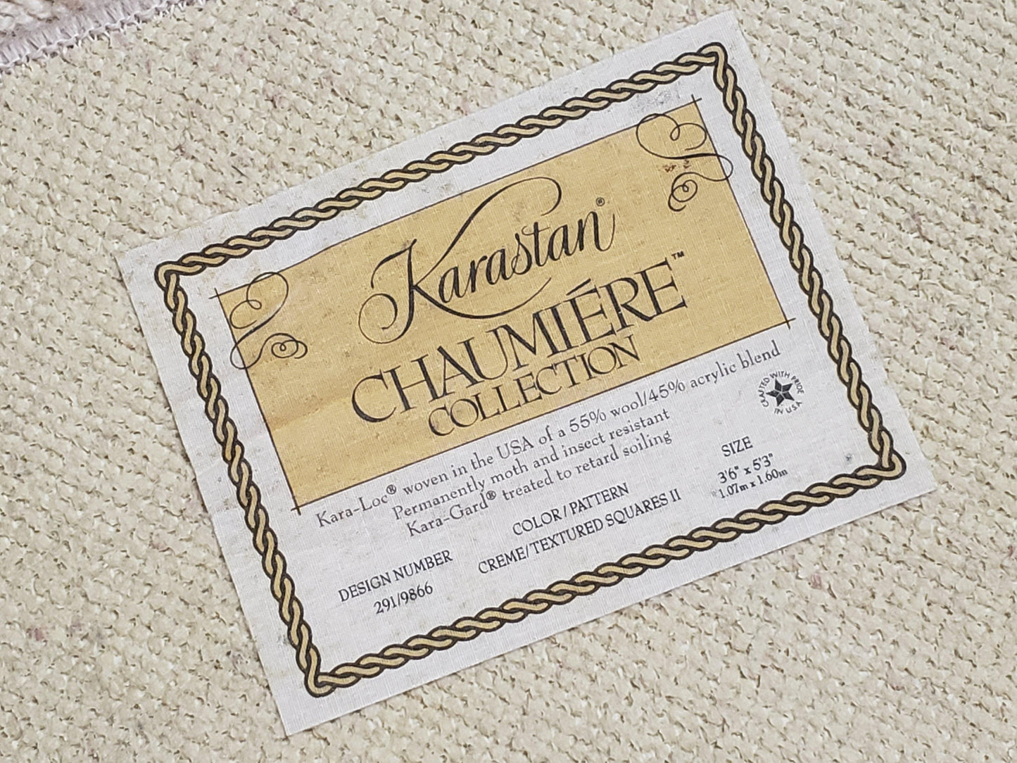 USED 3x5 Karastan Rug Chaumiere Collection, Kara-Loc, Design #291/9866, Creme Color, Textured Squares II Patern, 3'6" x 5' 3" Carpet