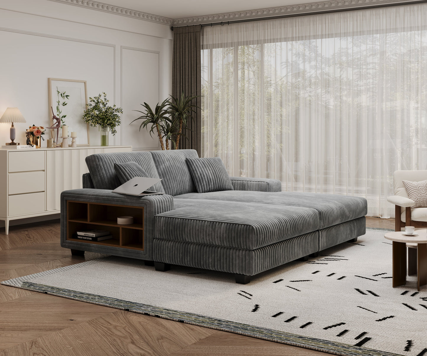 NEW Convertible combination sofa, corduroy fabric, fluffy modern sleeper sofa chair, oversized combination living room double lounge chair,Dark Grey