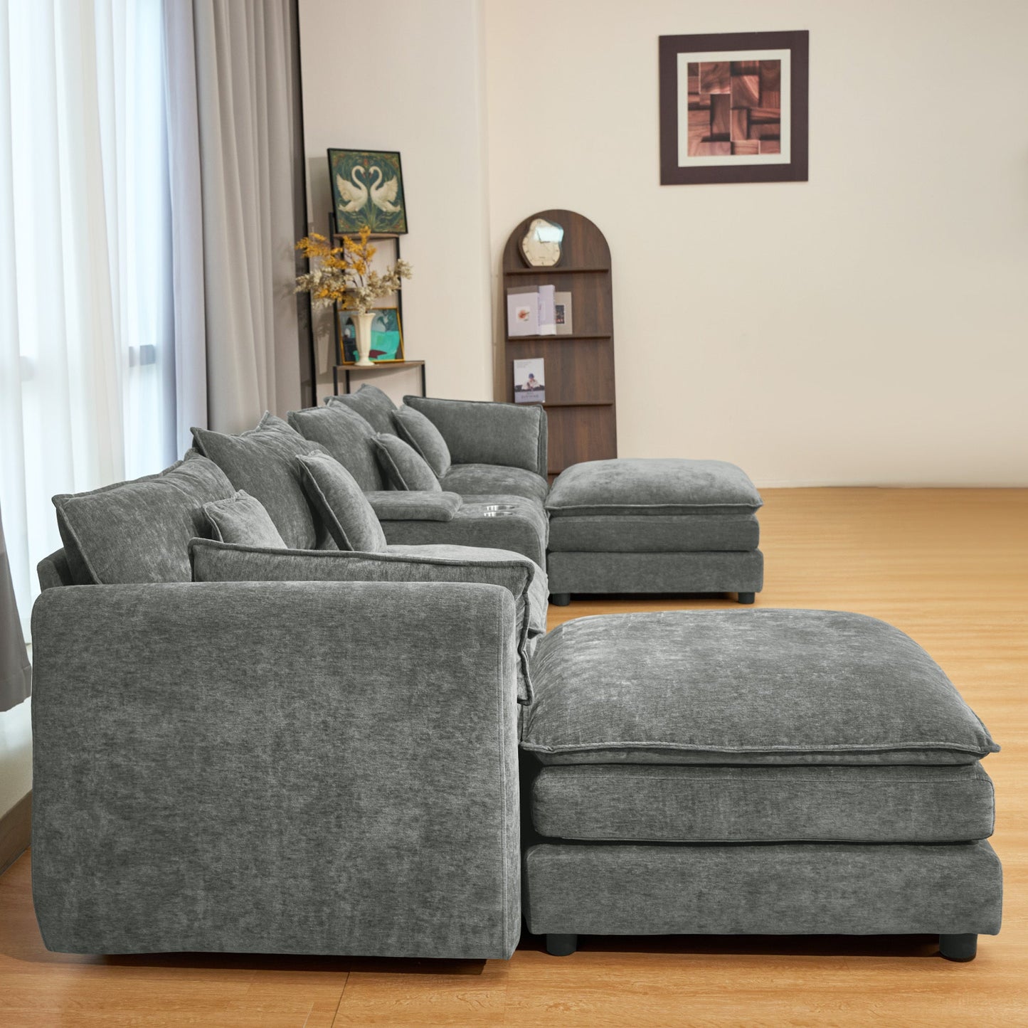 U Shaped Sectional Cloud Couch for Living Room,144' Comfy Fluffy Modular Sofa with Movable Ottoman Modern Chenille 6 Seat Sectional Sofa Set with Console, Cup Holders, Grey